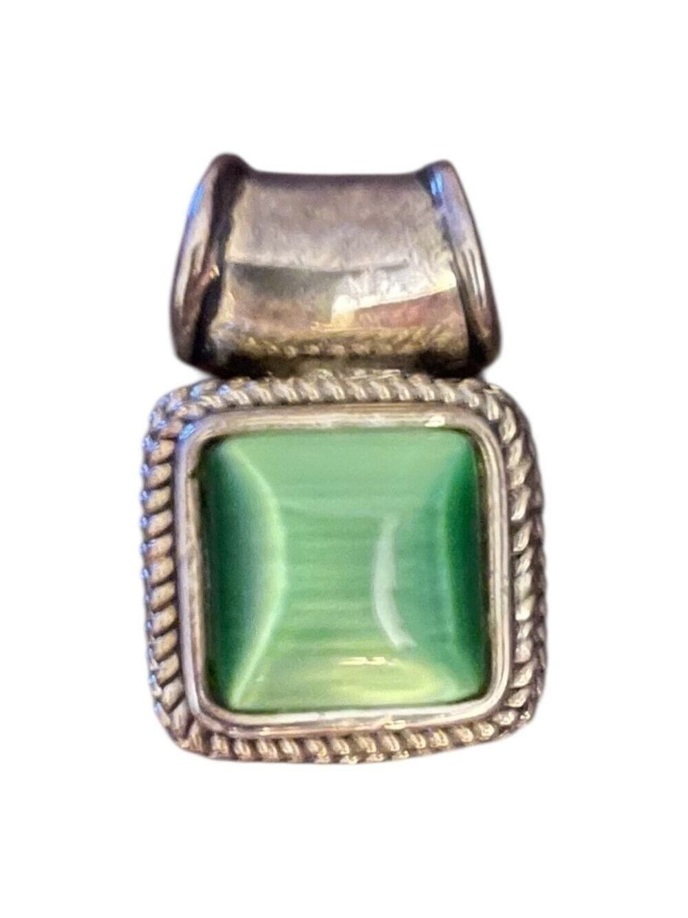 Vintage Green Malachite Square Pendant Stone Silver Rectangular Cabochon Stone
